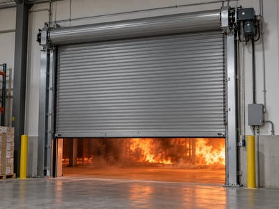 Puerta cortafuegos industrial en llamas
