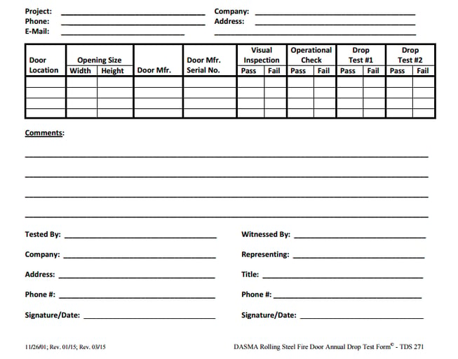 Rolling steel fire doors drop testing and annual follow up; Drop Test form to record the Visual, Operational, and Drop Test results