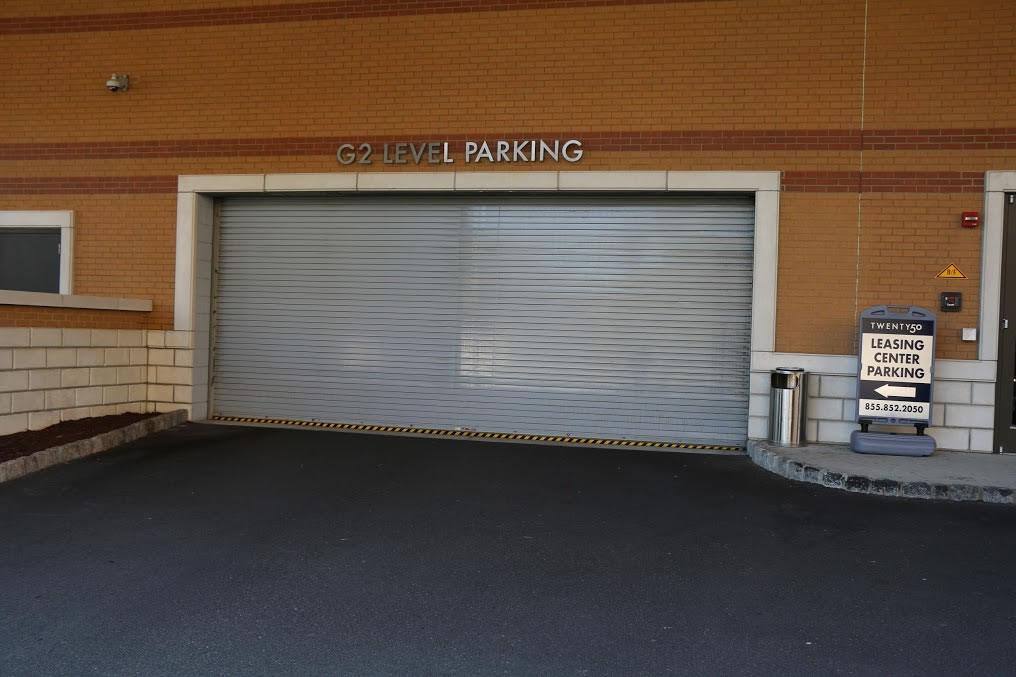 Exterior View of Rolling Steel Parking Garage Door